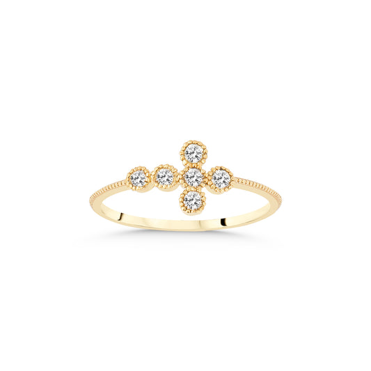 14k Gold Diamond Cross Ring, Cross Beaded Ring, Bead Cross Ring, Gold Cross Ring, Bezel Diamond Ring, Gift For Her