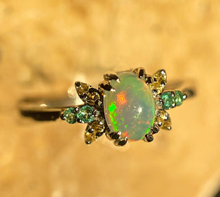 14k Yellow Gold Diamond Oval Opal Emerald Cluster Flower Ring, Opal Flower Ring, Christmas Gift, Gift For Her