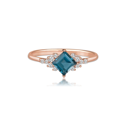 14k Gold Diamond Blue Ring, London Topaz Ring, Blue Topaz Ring, Gold Stacking Ring, November Month Ring, Birthstone Ring, Gift For Her
