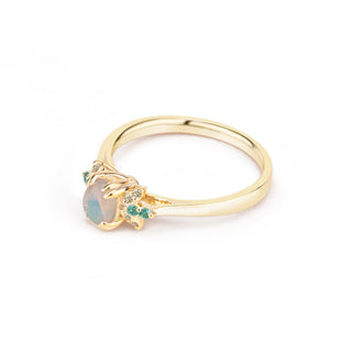 14k Yellow Gold Diamond Oval Opal Emerald Cluster Flower Ring, Opal Flower Ring, Christmas Gift, Gift For Her