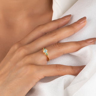 14k Yellow Gold Diamond Oval Opal Emerald Cluster Flower Ring, Opal Flower Ring, Christmas Gift, Gift For Her