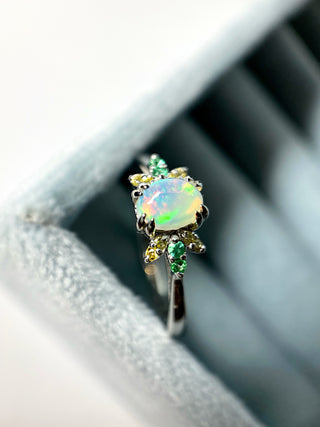 14k Yellow Gold Diamond Oval Opal Emerald Cluster Flower Ring, Opal Flower Ring, Christmas Gift, Gift For Her