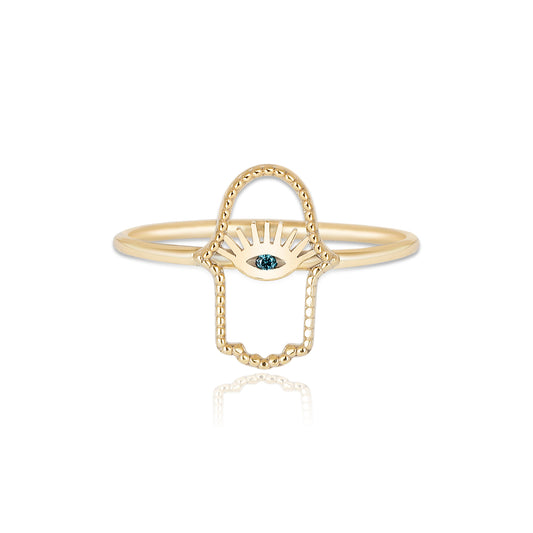 14k Gold Diamond Hamsa Ring, Hamsa Hand Ring, Gold Stacking Ring, Blue Diamond Ring, Blue Eye Ring, Handmade Ring, Gift For Her, Mothers Day Gift