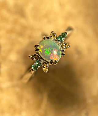 14k Yellow Gold Diamond Oval Opal Emerald Cluster Flower Ring, Opal Flower Ring, Christmas Gift, Gift For Her