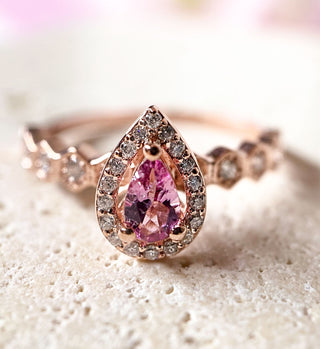 14k Rose Gold Diamond Pear Pink Morganite Stacking Ring, Birthstone Ring, Christmas Gift, Gift For Her