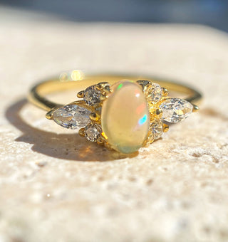 14k Yellow Gold Diamond Oval Opal Cluster Ring, Gold Stacking Ring, Birthstone Ring, Christmas Gift, Gift For Her