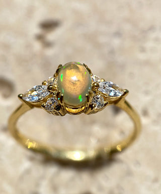 14k Yellow Gold Diamond Oval Opal Cluster Ring, Gold Stacking Ring, Birthstone Ring, Christmas Gift, Gift For Her