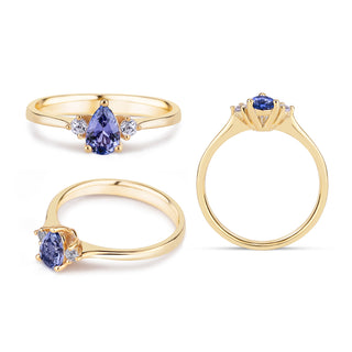 14k Yellow Gold Diamond Pear Tanzanite Trio Ring, Birthstone Ring, Christmas Gift, Gift For Her