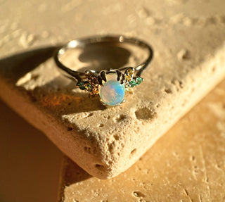 14k Yellow Gold Diamond Oval Opal Emerald Cluster Flower Ring, Opal Flower Ring, Christmas Gift, Gift For Her