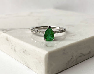 14k Yellow Gold Diamond Pear Cut Emerald Engagement Ring, Birthstone Ring, Christmas Gift, Birthstone Gift, Gift For Her