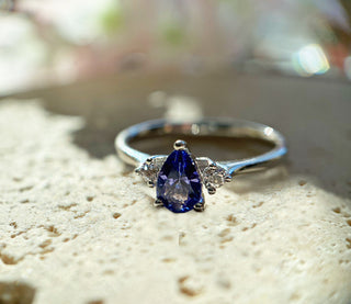 14k Yellow Gold Diamond Pear Tanzanite Trio Ring, Birthstone Ring, Christmas Gift, Gift For Her