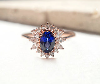 14k Rose Gold Diamond Oval Tanzaite Flower Ring, Tanzanite Cluster Ring, Birthstone Ring, Gold Stacking Ring, Christmas Gift, Birthday Gift, Gift For Her