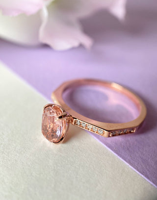 14k Rose Gold Diamond Oval Pink Morganite Geometric Ring, Birthstone Ring, Christmas Gift