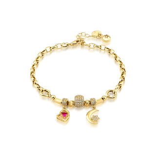 14k Yellow Gold Charming Heart and Ruby Moon Symbol Dorika Bracelet, Gold Symbol Bangle, Christmas Gift