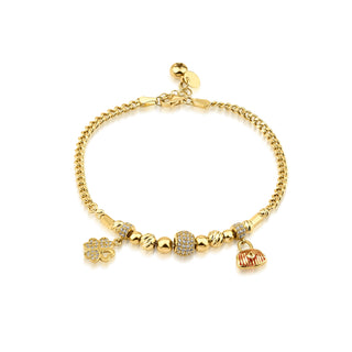 14k Yellow Gold Clover Lock Evil Eye Symbol Dorika Bracelet, Gold Charm Symbol Bangle, Christmas Gift, Birthday Gift, Gift For Her