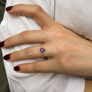 14k White Gold Diamond Pear Cut Amethyst Ring, Gold Stacking Ring, Birthstone Gift, Christmas Gift, Gift For Her