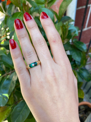 14k Solid Gold Diamond Malachite Enamel Ring, Gold Stacking Ring, Christmas Gift, Gift For Her