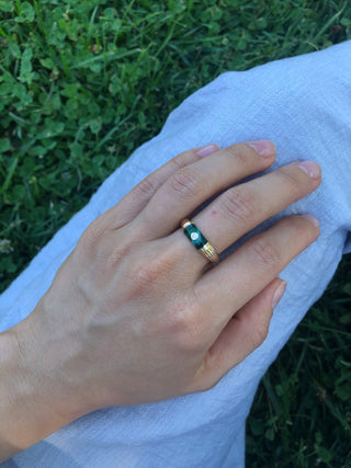 14k Solid Gold Diamond Malachite Enamel Ring, Gold Stacking Ring, Christmas Gift, Gift For Her