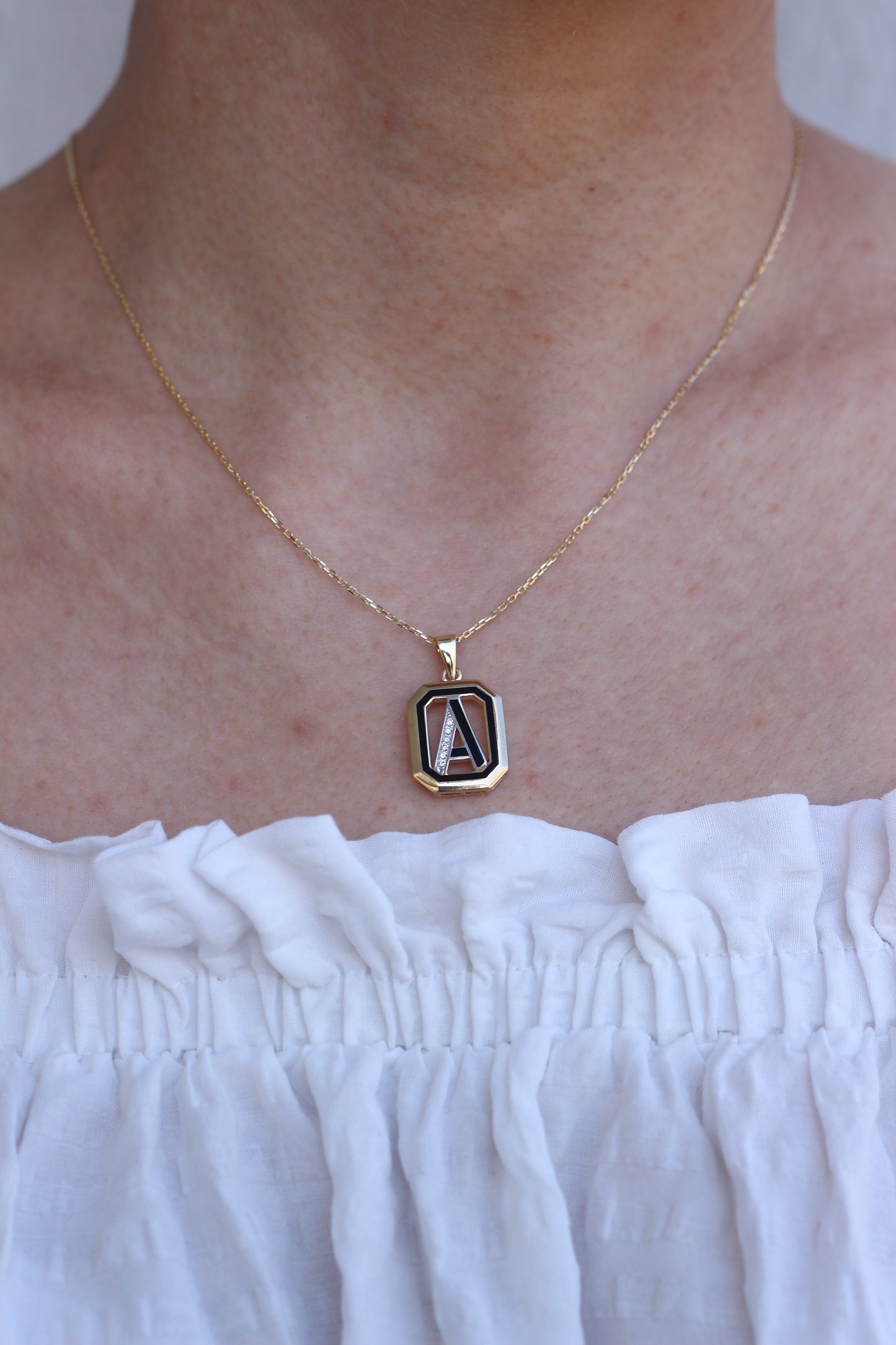 14k Gold Diamond A Letter Necklace, Initial Necklace, Gold Enamel Necklace, Handmade Necklace, Black Enamel Necklace, Birthday Gift, Gift For Her