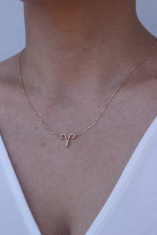 14k Yellow Gold Diamond Zodiac Aries Necklace, Zodiac Necklace, Birthday Gift, Handmade Necklace, Christmas Gift, Anniversary Gift, Gift For Her