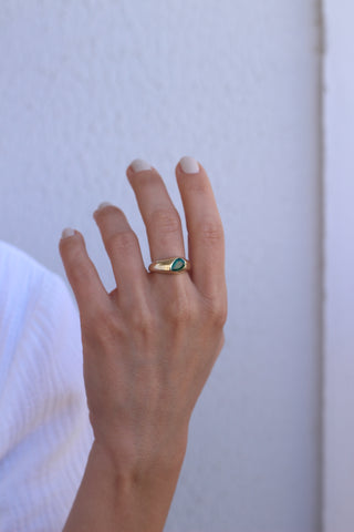 14k Gold Emerald Signet Bezel Ring, Unisex Signet Ring, Gold Signet Ring, Womens Signet Ring, Pear Engagement Ring, Emerald Bezel Ring, Christmas Gift, Gift For Her