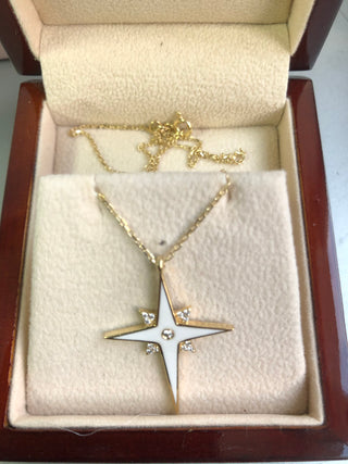 14k Yellow Gold Diamond North Star Mother of Pearl Enamel Necklace, Christmas Gift, Birthday Gift, Gift For Her