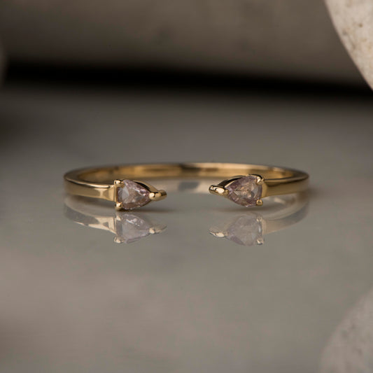 14k Gold Diamond Cuff Ring, Rose Cut Gold Ring, Pear Cut Cuff Ring