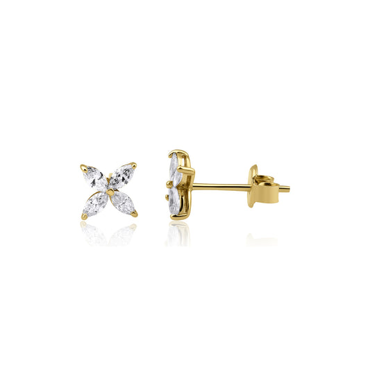 14k Gold Diamond Flower Earrings, Marquise Cut Earrings, Stacking Earrings, Birthday Gift, Gift For Her