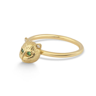 18k Gold Diamond Cat Ring, Emerald Eye Ring, Gold Cat Ring, Animal Stacking Ring, Birthday Gift